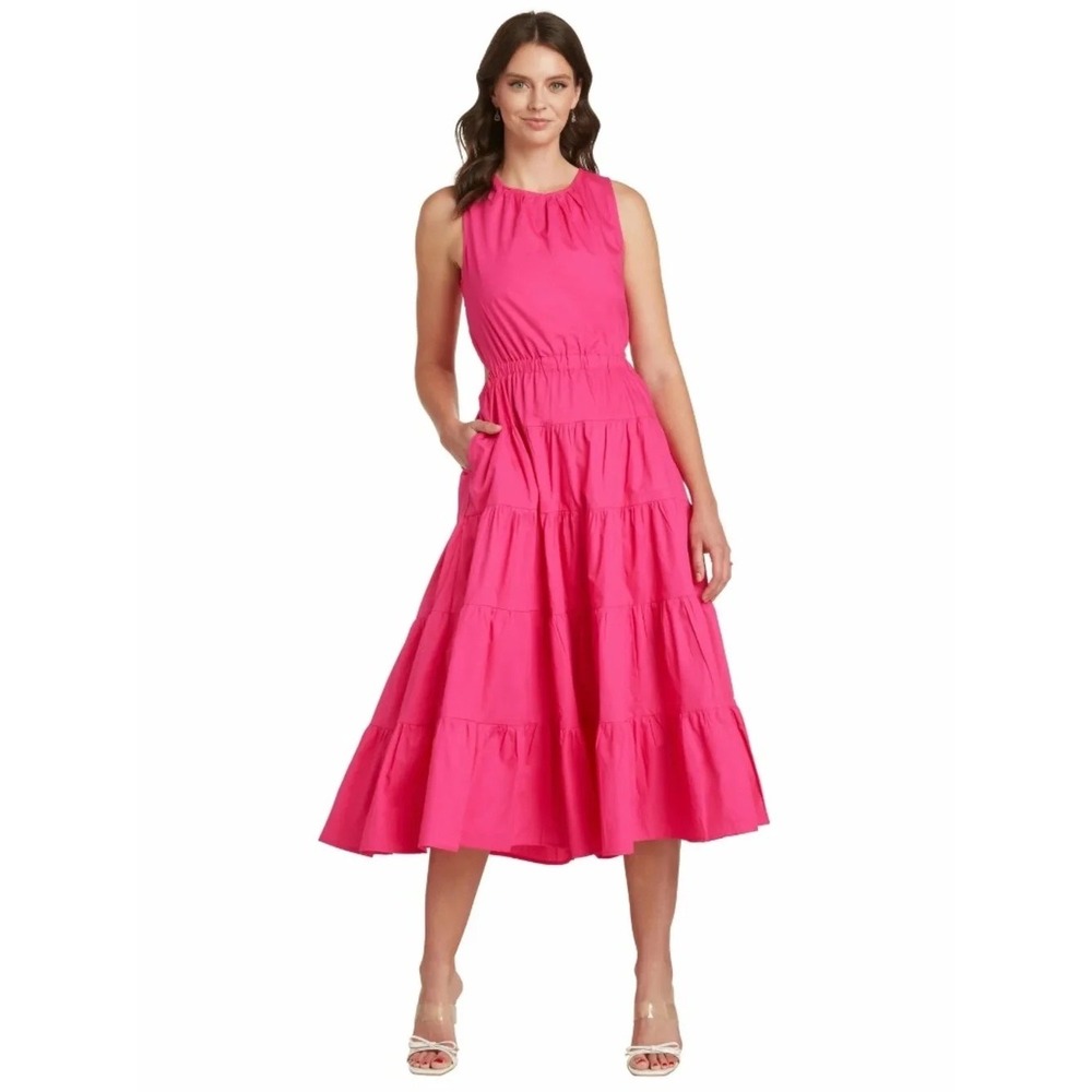 &merci Hot Pink Tiered Sleeveless Back Cutout Midi Dress | Size Small